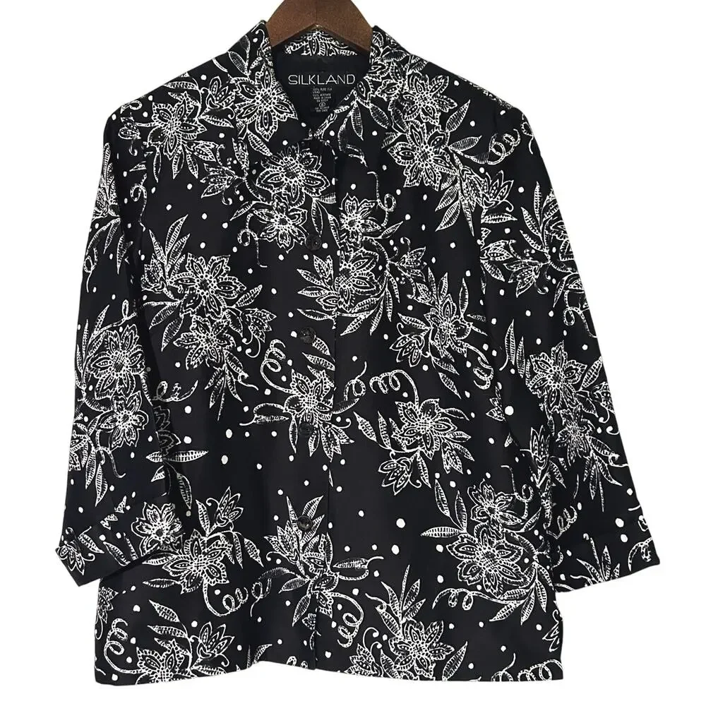 Silkland Pure Silk Floral Print Black & White Jacket / Blazer Size 6